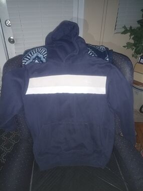 Boohoo Navy Hoodie with White and Light Beige Stripe